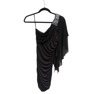 Deb Dress Womens Small Black One Shoulder Rhinestone Accent Ruched Mini Sheer